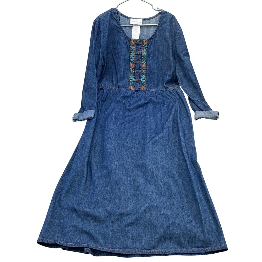 Allison Gray Dress Womens 14 Blue Ribbon Prairie Cottagecore 80s Smock Denim VTG